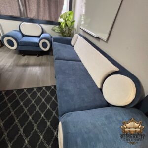 Blue & White Mid-Century Modern custom couch & chair
